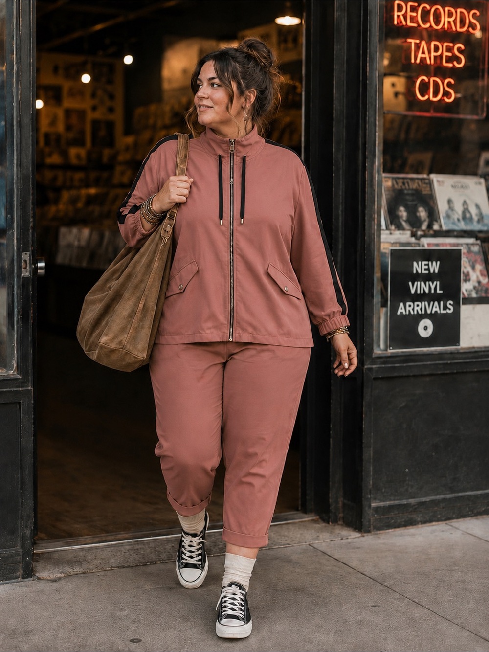 Pennington’s Two Piece Athleisure Set Dusty Rose Track Jacket Cropped Pant Set
